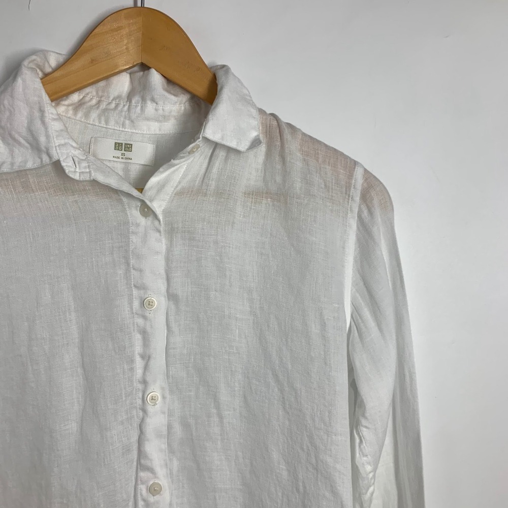 Uniqlo Premium Linen Shirt Womens XS White Long Sleeve Button Down Blouse - Picture 5 of 14